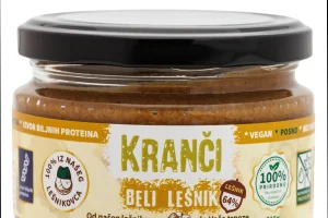 Kranči beli lešnik krem – 64% domaći lešnik, kokos protein i kakao puter, zaslađen kokosovim šećerom.