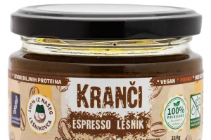 Kranči espresso lešnik krem – 60% domaći lešnik sa dodatkom espresso kafe, kakao putera i kokos proteina.