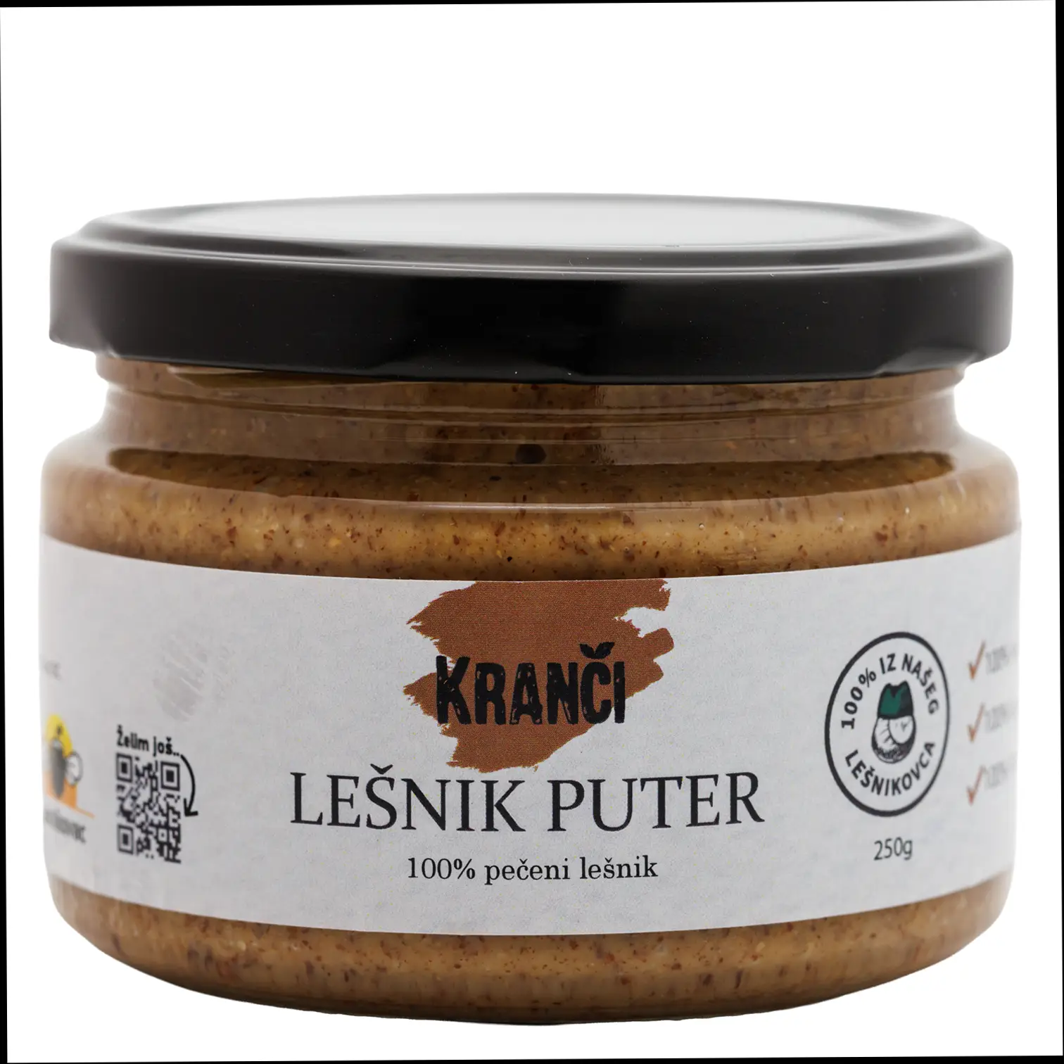 Kranči lešnik puter 100% – domaći lešnik, lagano pečen, bez dodatih ulja i aditiva.