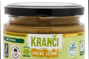 Kranči pistać lešnik krem bez šećera – 50% pistaća i 14% lešnika, prirodno zaslađeno sorbitolom, eritritolom, inulinom i steviom.