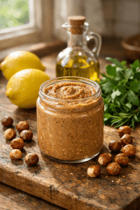 lešnikov puter kao sastojak za kuvanje sa limunom i maslinovim uljem