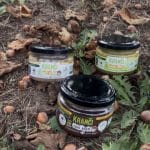 Tri tegle Kranci domaćih kremova (Beli lešnik, Crni krem, Pistać) poređane na zemlji u zasadu Lešnikovca u Divcima, okružene celim plodovima lešnika u ljusci i suvim jesenjim lišćem.