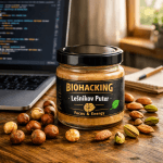 lešnikov puter kao hrana za mozak na radnom stolu u IT kancelariji